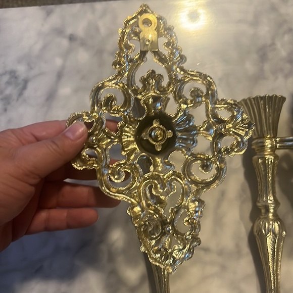 Vintage Gold Tone Ornate metal Hollywood Regency wall Hanging pair candlestick - Picture 4 of 10